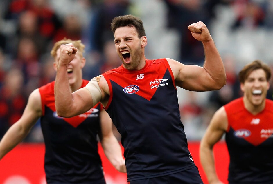 AFL 2016 Rd 20 - Melbourne v Hawthorn MELBOURNE, AUSTRALIA - AUGUST 06: Cameron Pedersen of the Demons celebrates a goal during the 2016 AFL Round 20 match between the Melbourne Demons and the Hawthorn Hawks at the Melbourne Cricket Ground on August 06, 2016 in Melbourne, Australia. (Photo by Michael Willson/AFL Media)